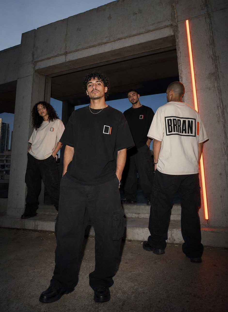 BRRANI OUTSIDE_001 campaign, four models on a brutalist Casablanca rooftop at blue hour with an orange practical light