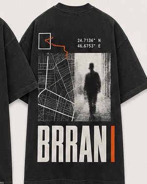 MOVEMENT 04 faded black oversized T-shirt, back view, map lines, blurred walker and orange route